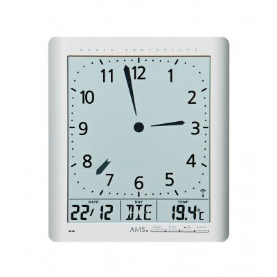 AMS Funk-Wand/ Wanduhr F5898 Wanduhr Silber • Funk-Zeitabgleich • Analog und Digital