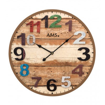 AMS Quarz-Wanduhr W9539 Wanduhr Braun Antik • Großes Holzgehäuse • Aufgelegte Zahlen