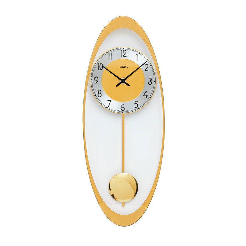 AMS Bozen W7417 Wanduhr Gold • Quarz-Pendelwerk • Ovale Glasplatte