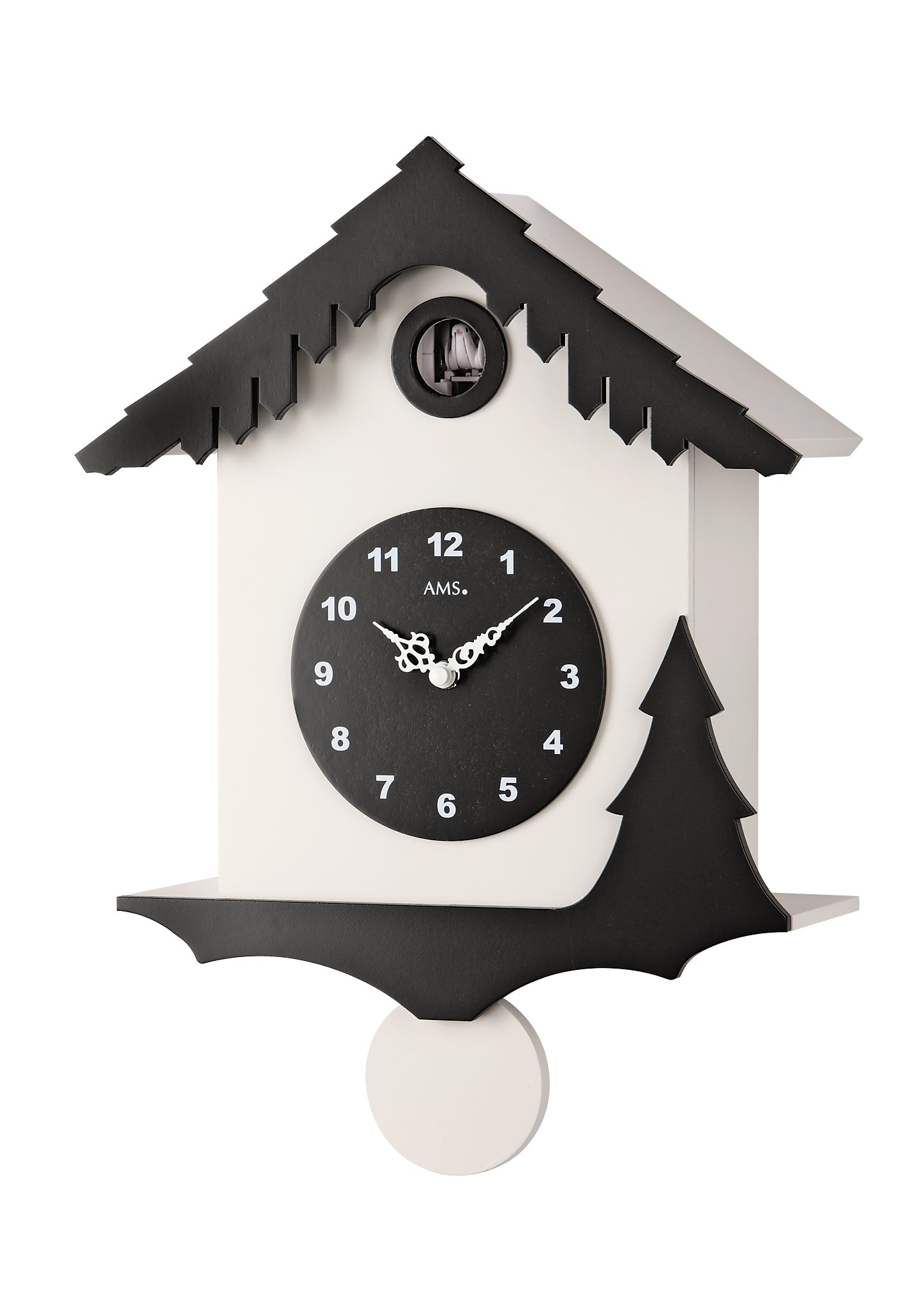 AMS Tuningen W7391 Wanduhr Schwarz/Weiß • Quarz-Pendelwerk • Kuckucksruf mit Nachtabschaltung