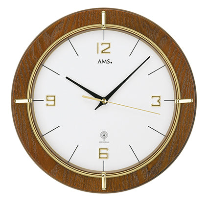 AMS Funk-Wanduhr F5832 Wanduhr Nussbaum • Funkwerk • Mineralglas mit Goldaufdruck
