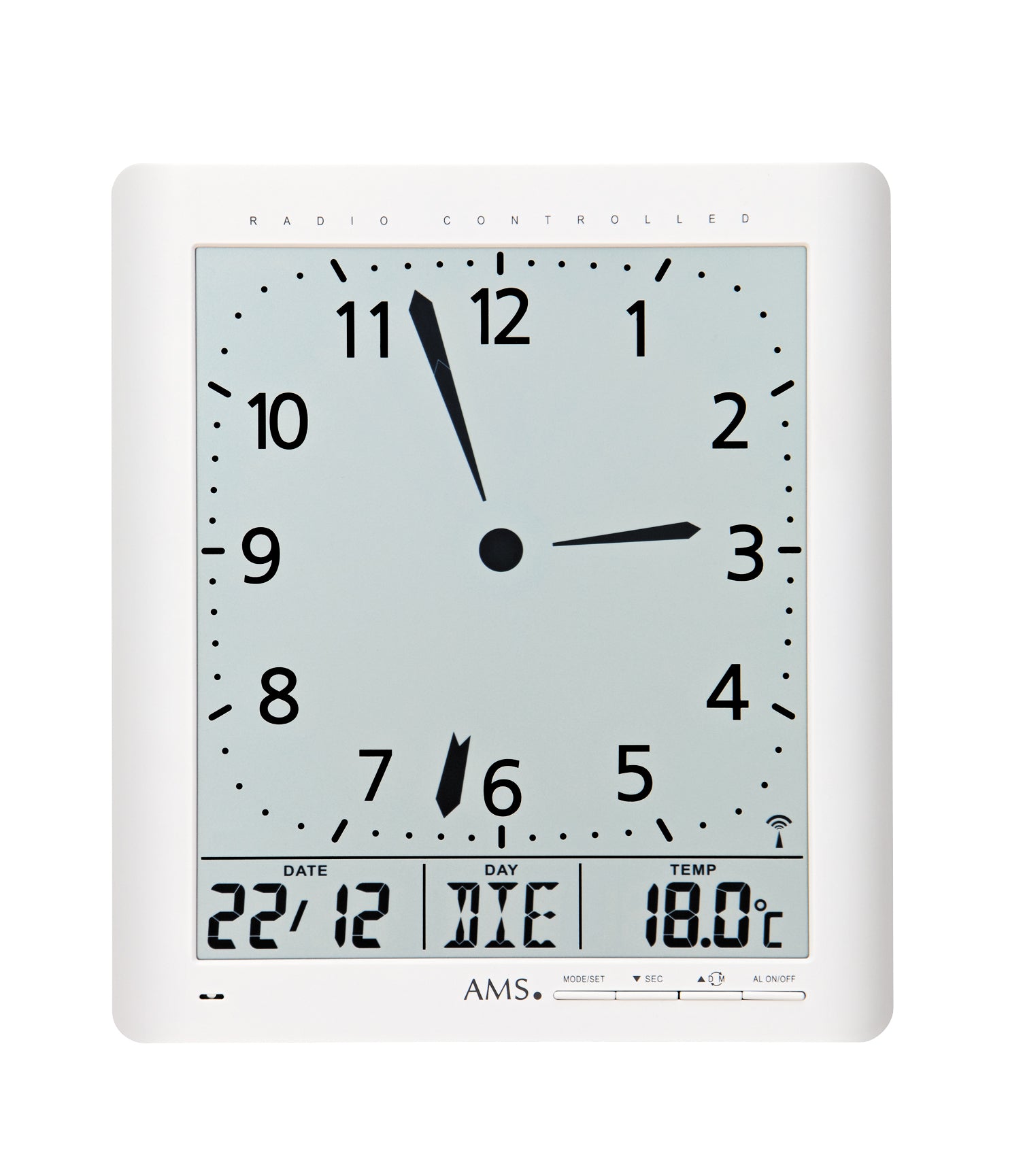 AMS Funk-Wanduhr F5896 Wanduhr Weiß • Analoge und digitale Anzeige • Auch als Wanduhr nutzbar