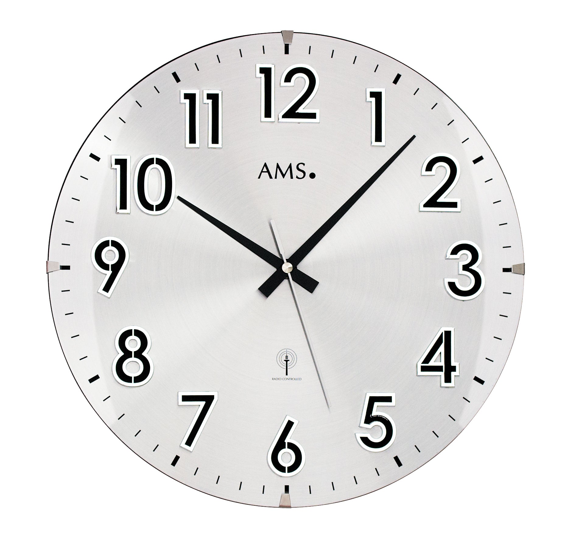 AMS Funk-Wanduhr F5973 Wanduhr Silber • Funkuhrwerk • Gewölbtes Mineralglas