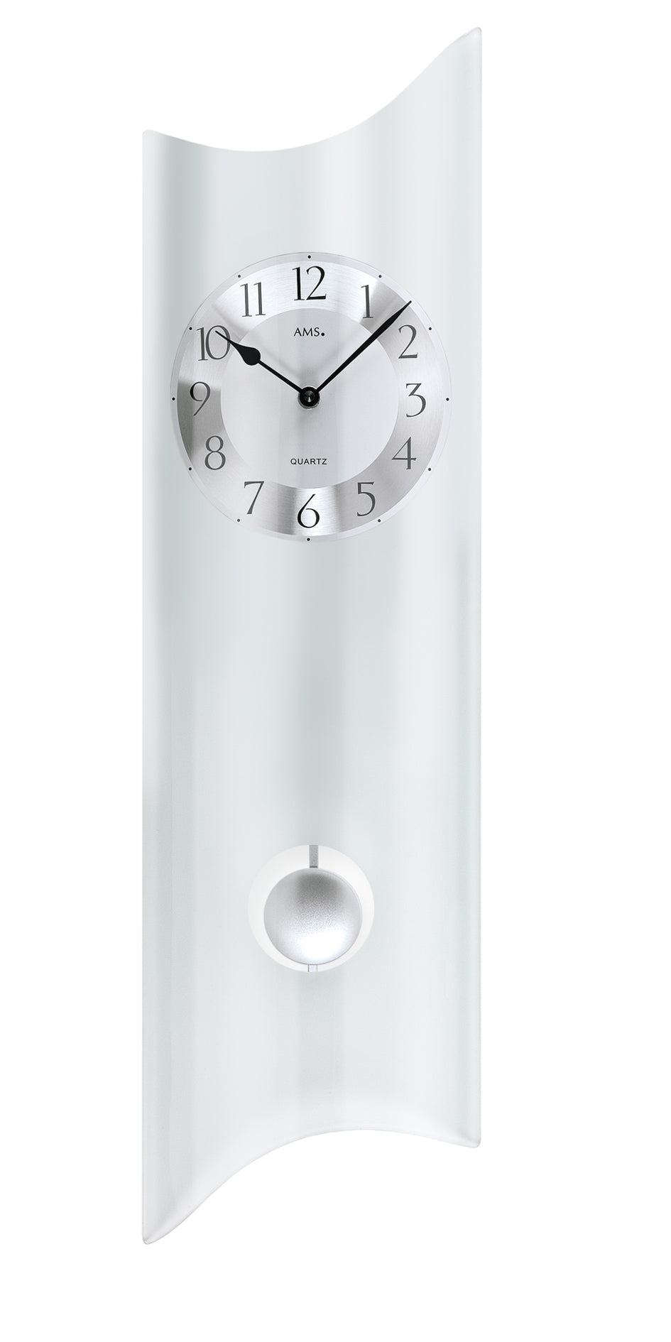 AMS Quarz-Pendelwanduhr W7324 Wanduhr Silber • Geschwungenes Mineralglas • Arabische Ziffern