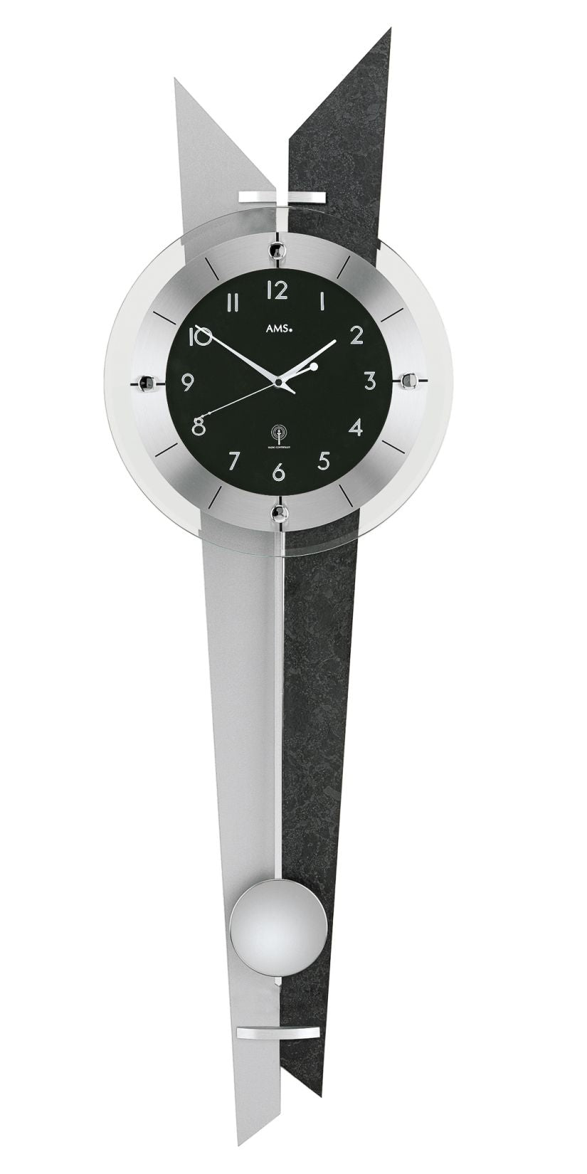 AMS Funk-Pendeluhr F5253 Wanduhr Schiefer/Silber • Funkpendelwerk • Facettiertes Mineralglas