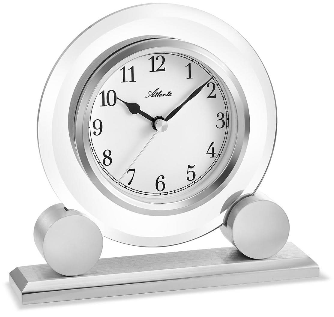 Reloj de mesa de metal con esfera redonda, marco plateado y patas esféricas, marca Atlanta