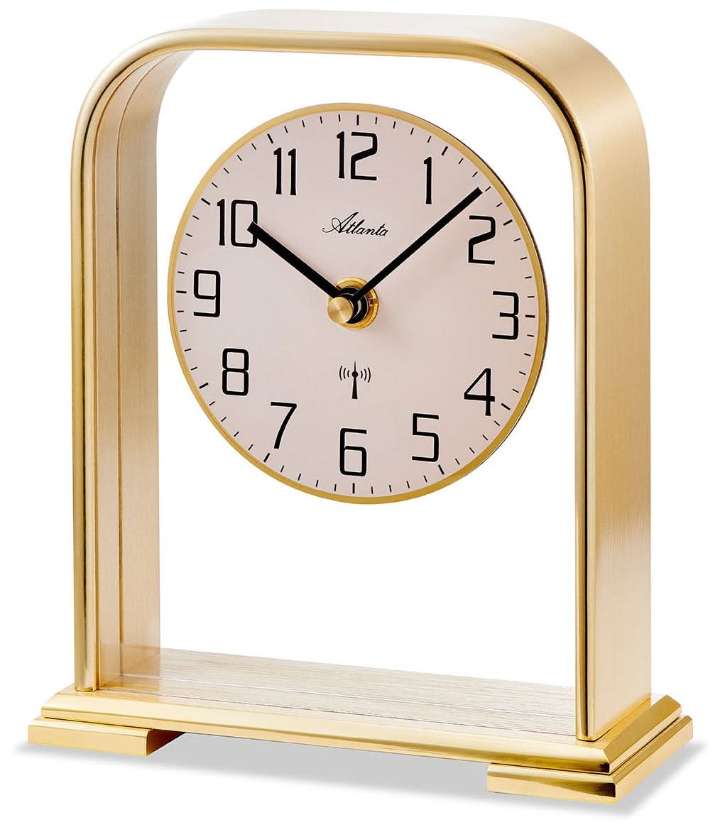 Reloj de mesa Atlanta de metal con esfera redonda y marco dorado, pantalla de radio