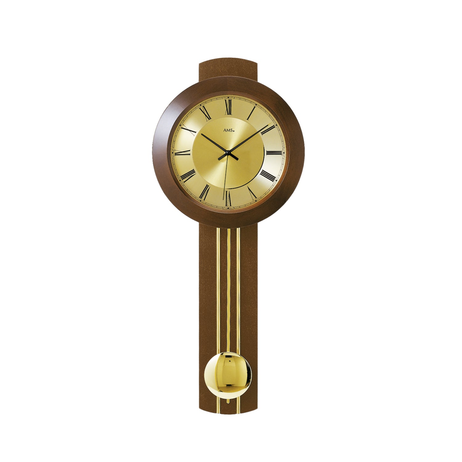 AMS F5132/1Q Wanduhr Nussbaum • Quarz-Pendelwerk • Messingfarbene Applikationen