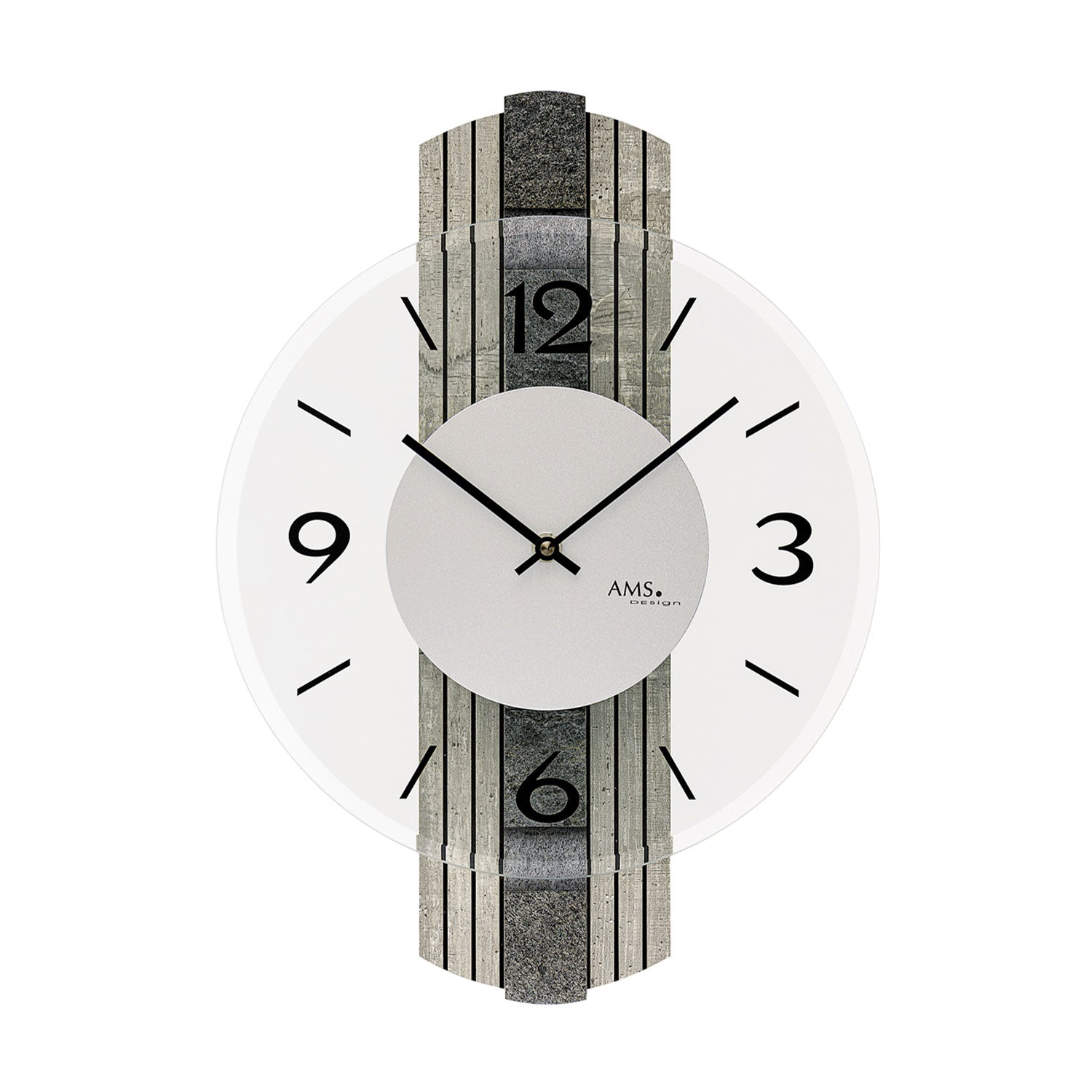 AMS W9675 Wanduhr Steinstruktur • Mineralglas facettiert • Holzgehäuse mit Stein-Auflage