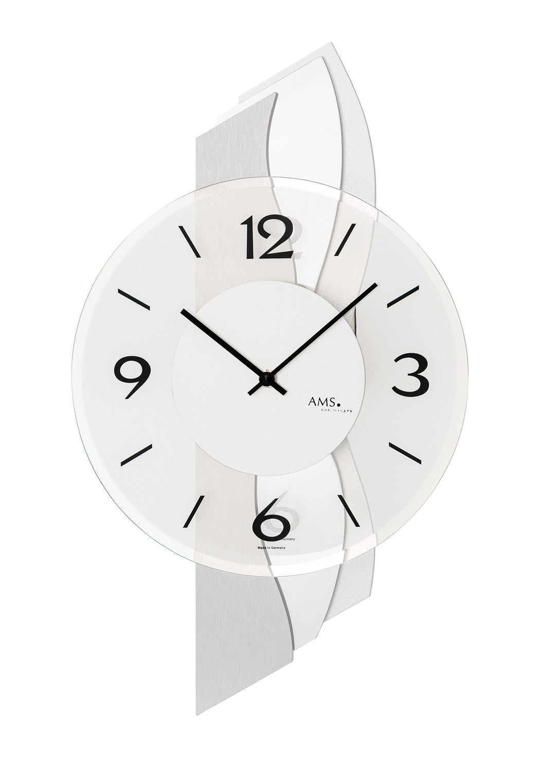 AMS Quarz-Wanduhr W9670 Wanduhr Aluminium • Mineralglas facettiert • Holzgehäuse mit Alu-Auflage