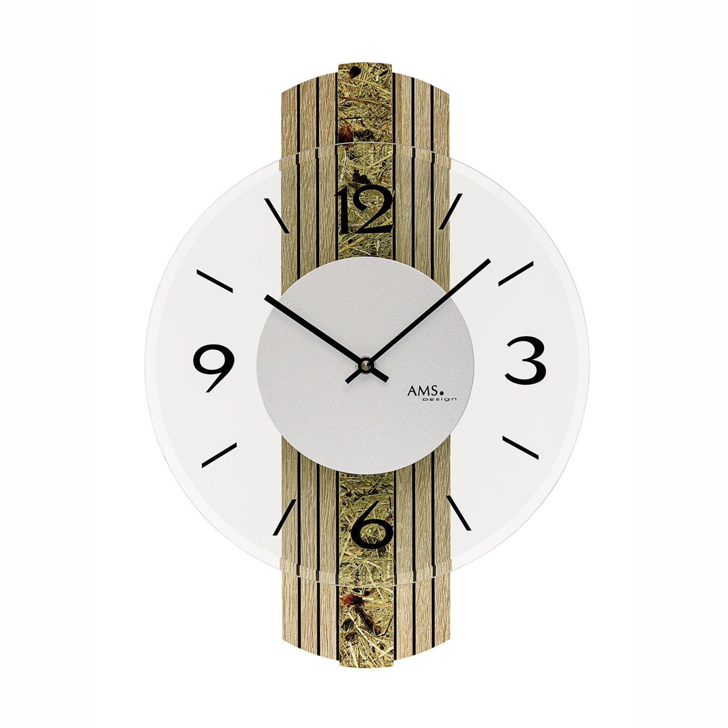 AMS W9674 Wanduhr Sonoma • Holzgehäuse mit Almheu-Auflage • Facettiertes Mineralglas