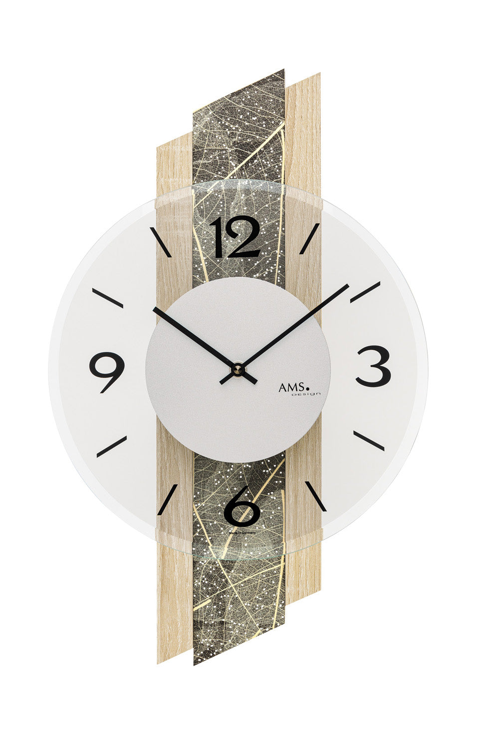 AMS W9664 Wanduhr Sonoma-Eiche • Naturblätter & Swarovski Kristalle • Mineralglas