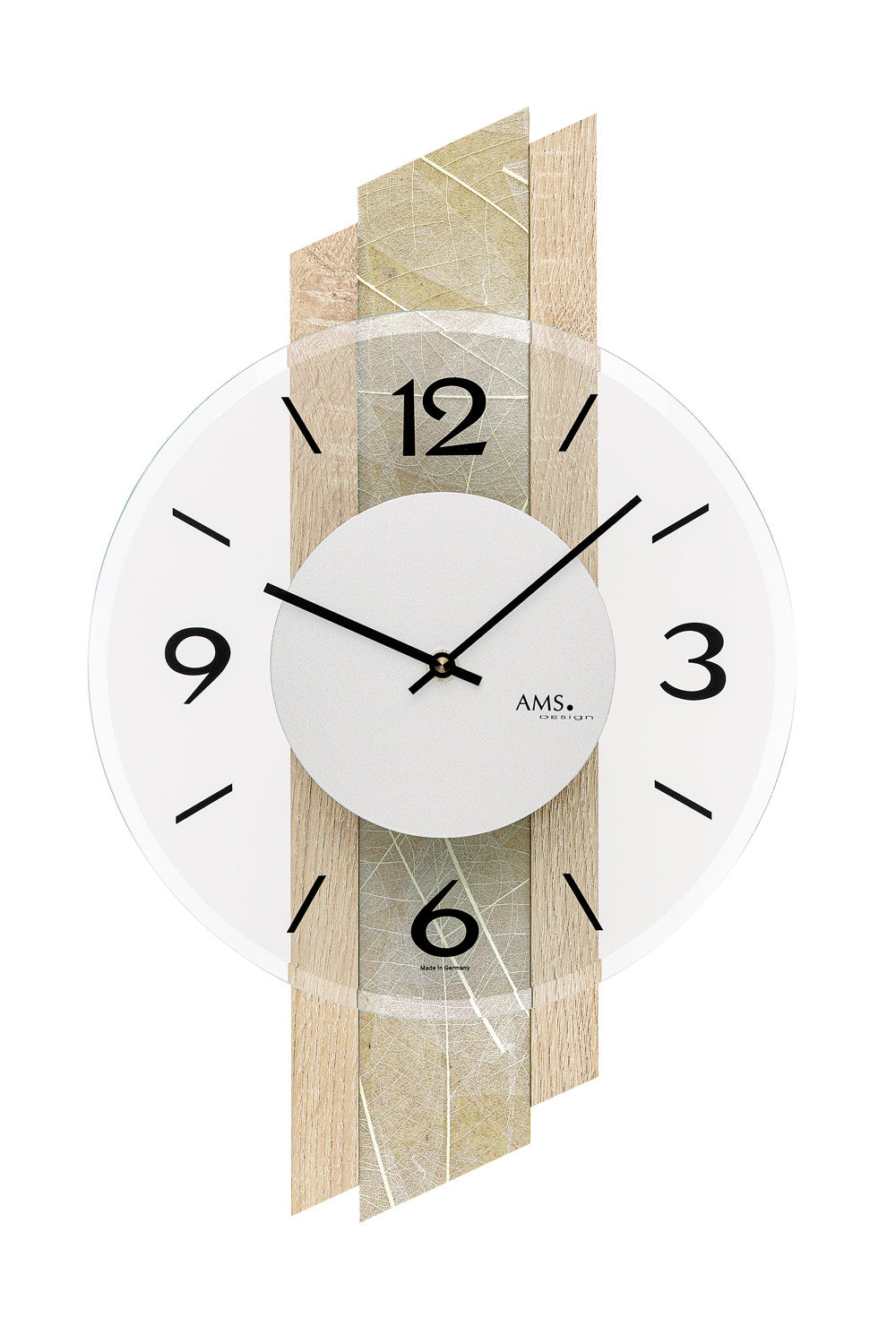 AMS W9665 Wanduhr Sonoma-Eiche • Naturblätter & Mineralglas • Quarzwerk