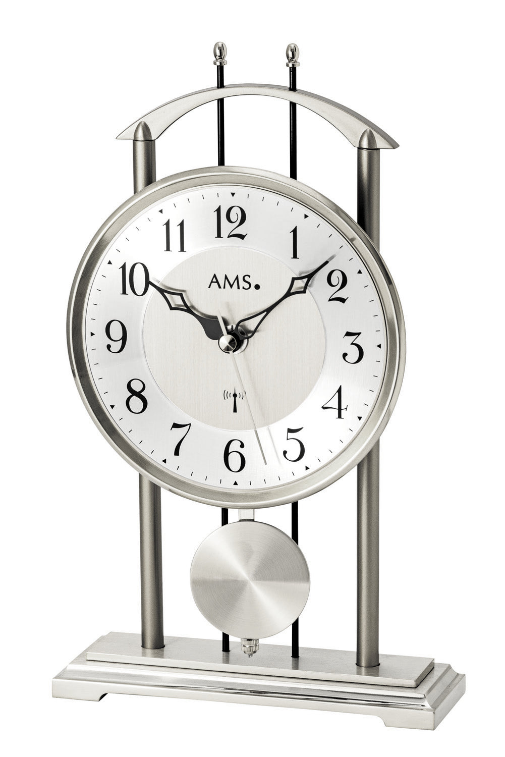 AMS Funkpendel-Tischuhr F5193 Tischuhr Silber • Funk-Pendelwerk • Metall silberlackiert