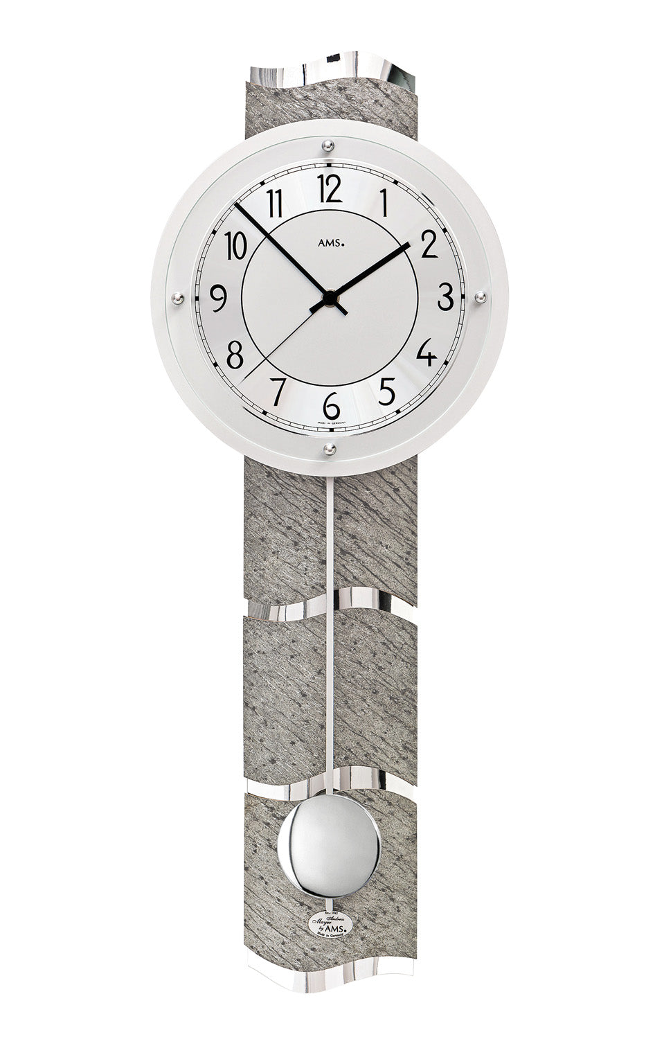 AMS F5216Q Pendel-Wanduhr Naturstein/Aluminium • Quarz-Pendelwerk • Mineralglas