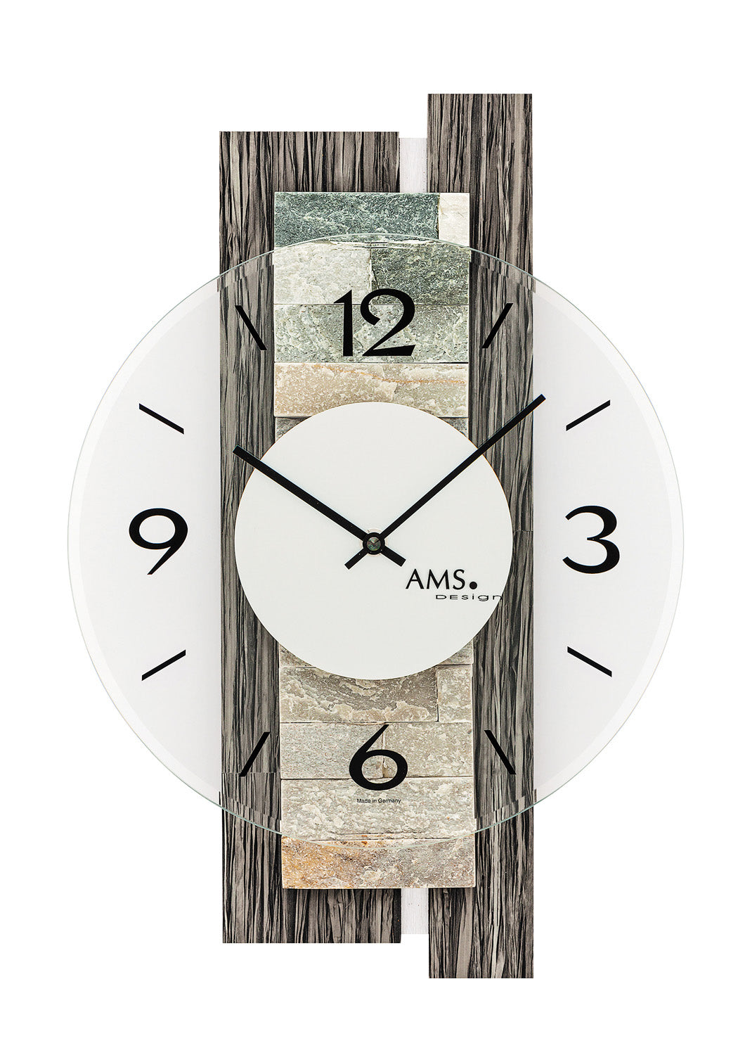 AMS W9544 Wanduhr Holzdekor/Naturstein • Mineralglas mit Facettenschliff • Quarzwerk