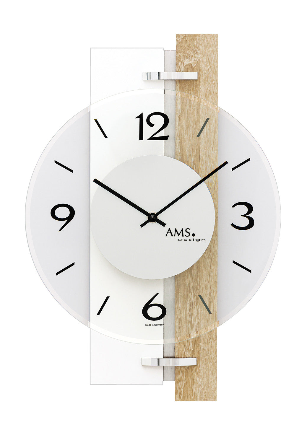 AMS W9557 Wanduhr Weiß/Sonoma • Quarzwerk • Bedrucktes Mineralglas