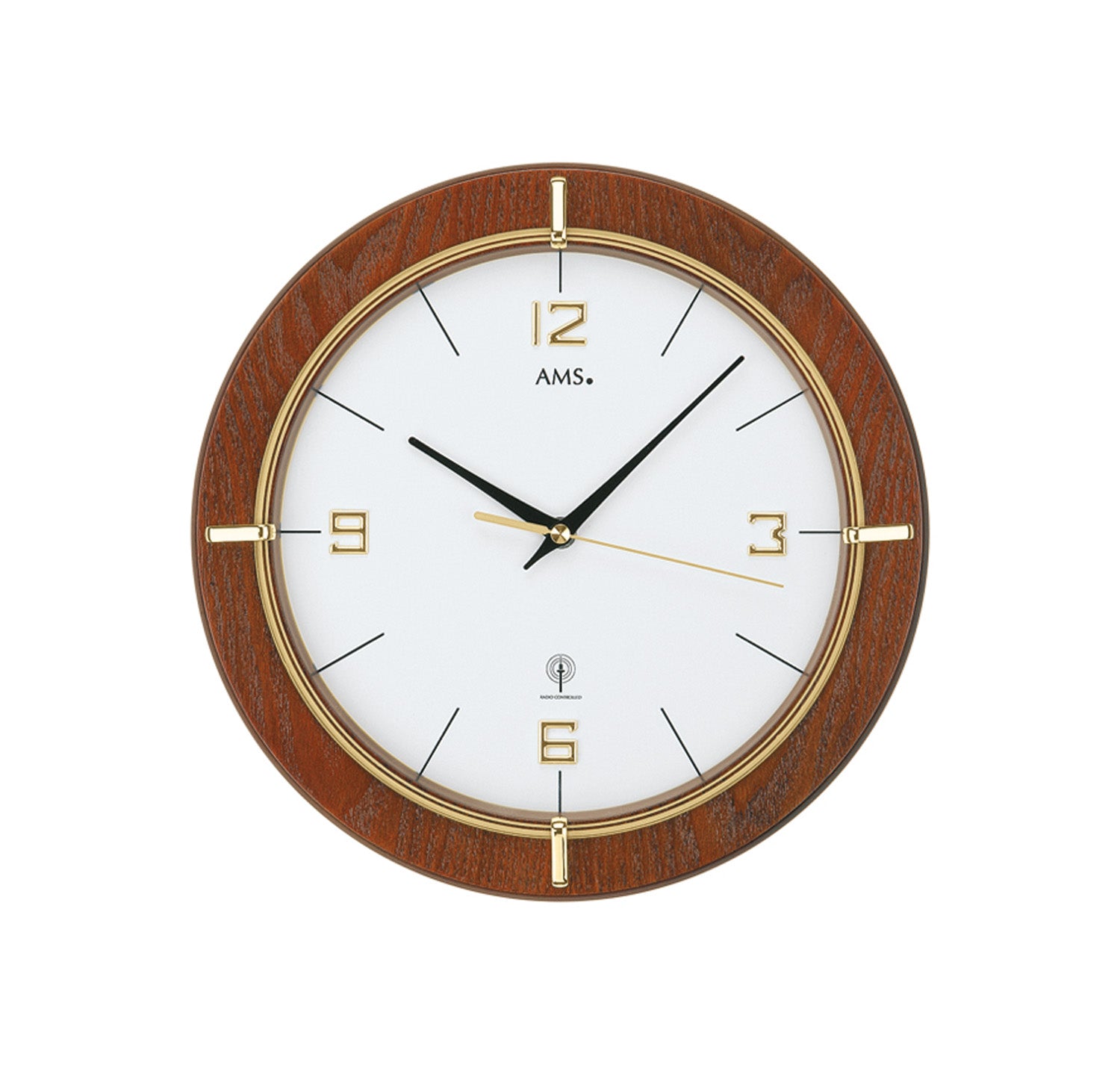 AMS W9432 Wanduhr Nussbaum • Goldfarben bedrucktes Mineralglas • Aufgelegte Zahlen