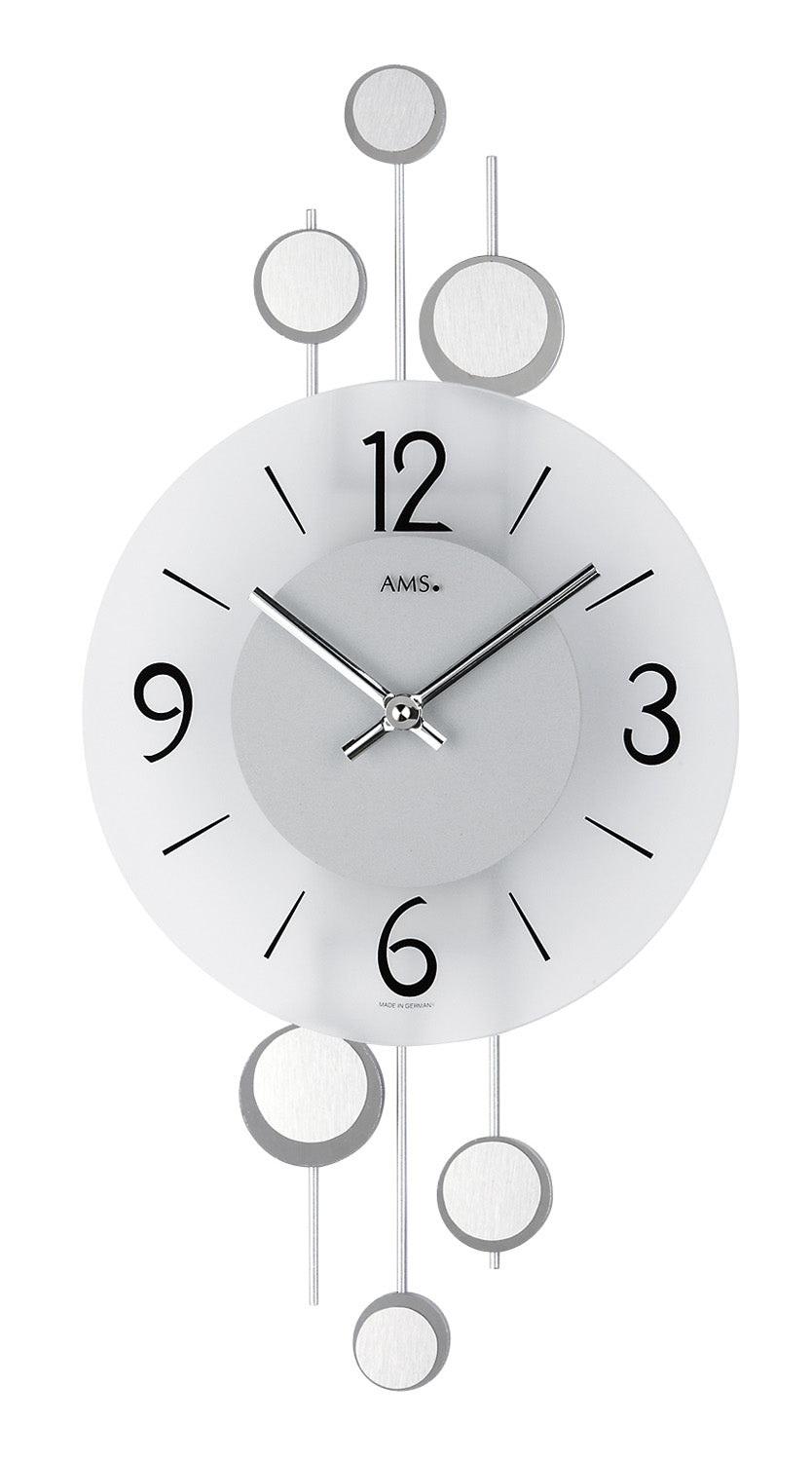 AMS W9388 Wanduhr Silber • Quarzwerk • Dekorative Metallauflagen