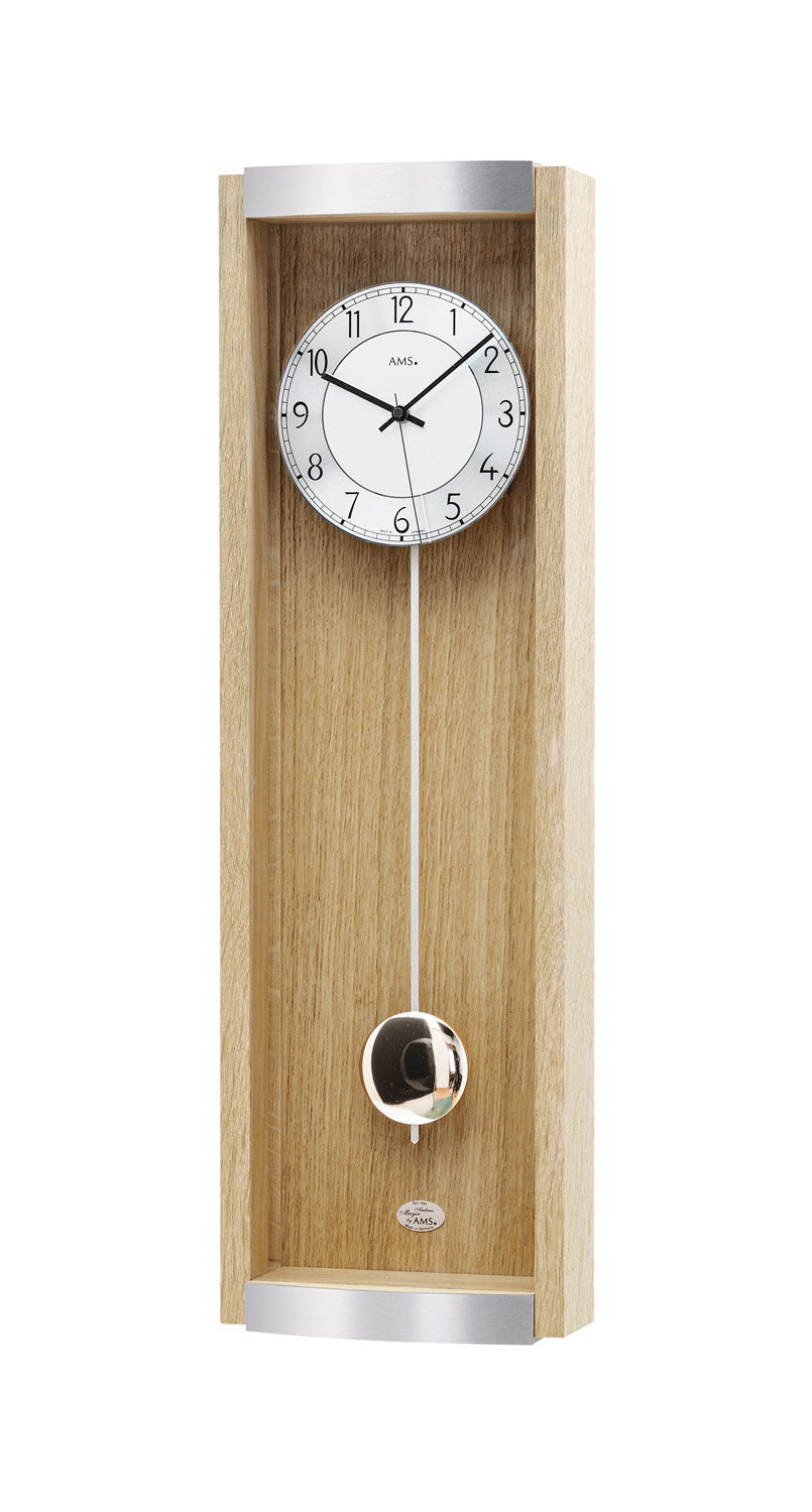 AMS F5285 Wanduhr Sonoma/Alu Schwarz • Funk-Pendelwerk • Massivholz Eiche