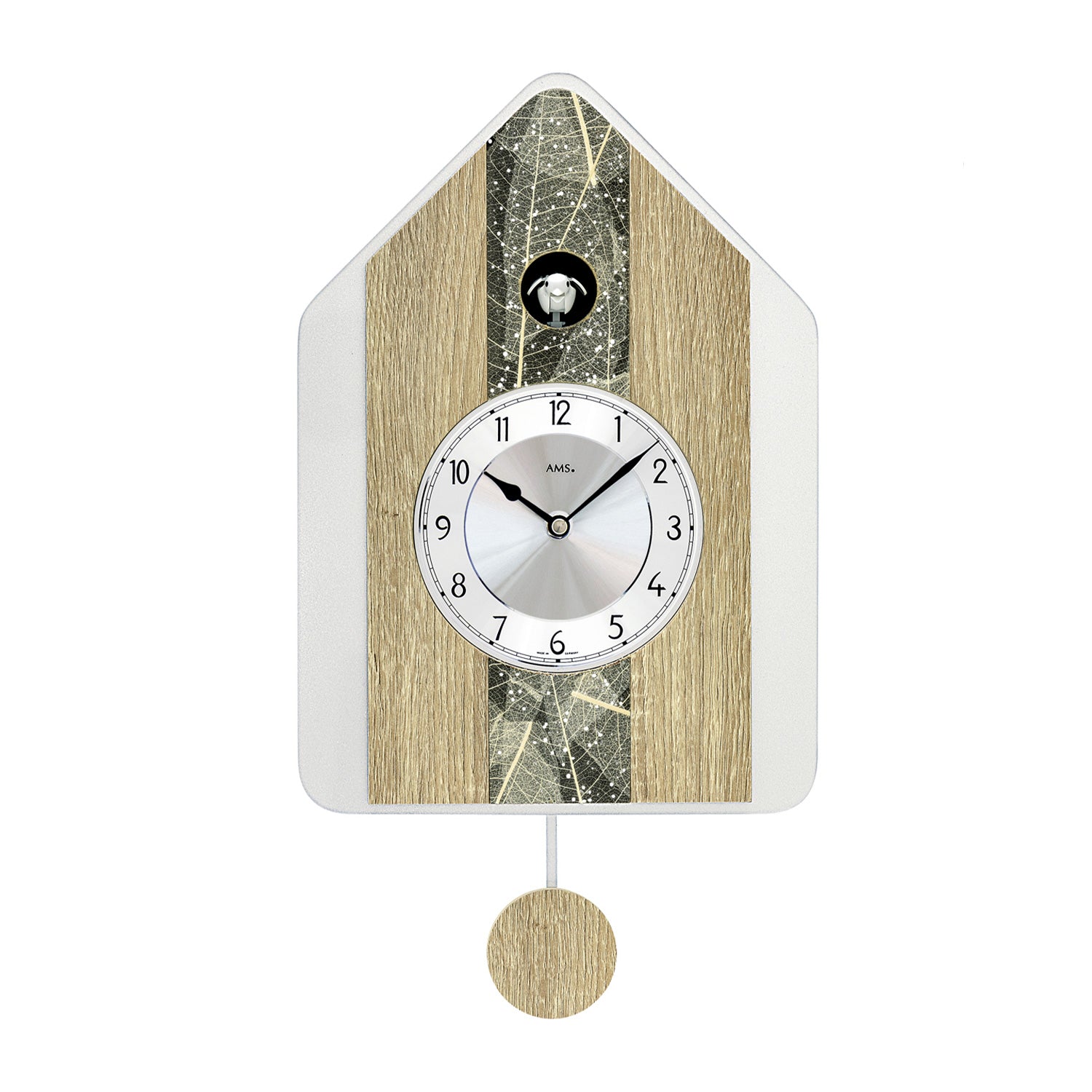 AMS W7499 Wanduhr Natur-Baumblatt • Quarz-Pendelwerk mit Kuckuck • Automatische Nachtabschaltung