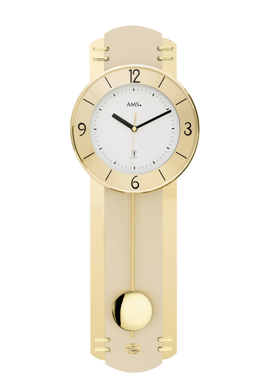AMS F5293 Pendel-Wanduhr Holz • Funk-Pendelwerk • Messing-Veredelung