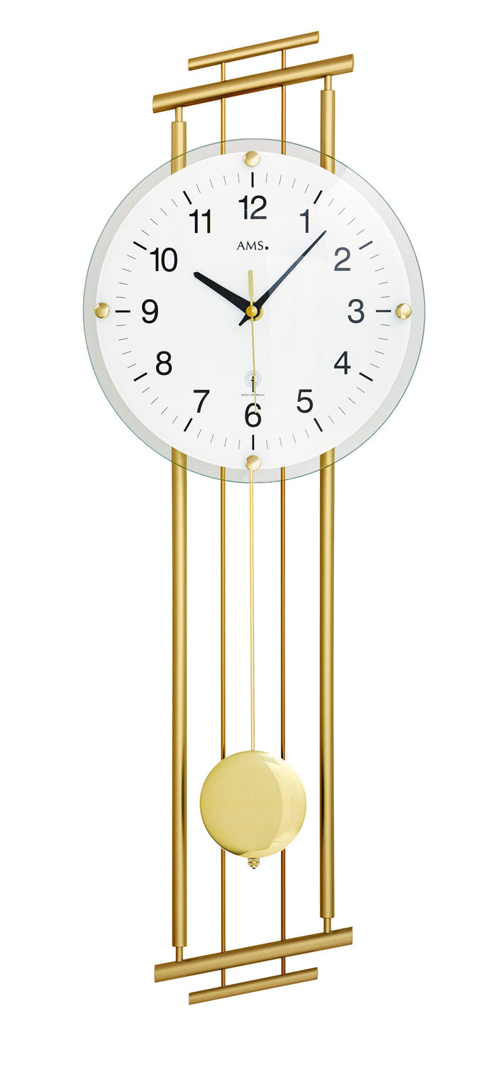 AMS Funk-Pendeluhr F5315 Wanduhr Messing • Funk-Pendelwerk • Gewölbtes Mineralglas