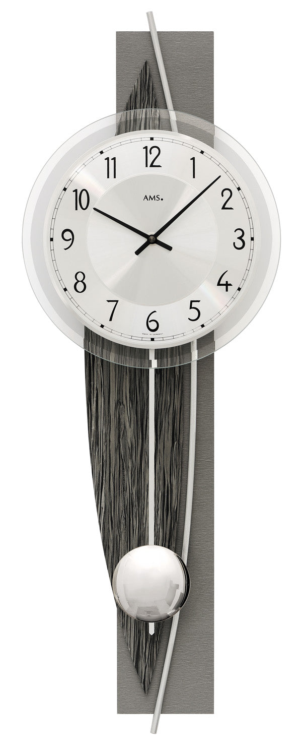 AMS W7458 Wanduhr Holzdekor/Aluminium • Quarz-Pendelwerk • Mineralglas Facettiert