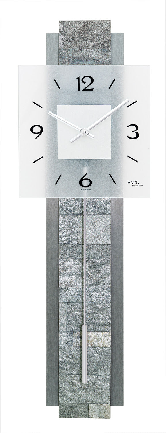 AMS W7472 Wanduhr Alu/Stein • Quarz-Pendelwerk • Satiniertes Glas