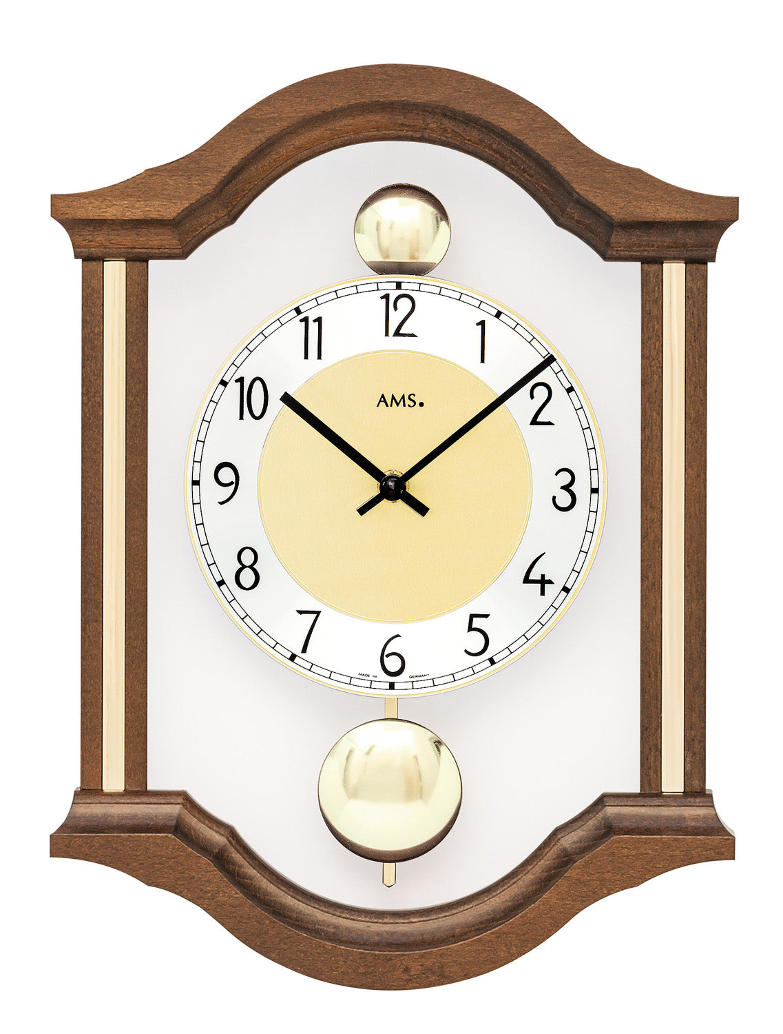 AMS Doppelpendeluhr W7447/1 Wanduhr Nussbaum • Quarz-Pendelwerk • Massivholzgehäuse