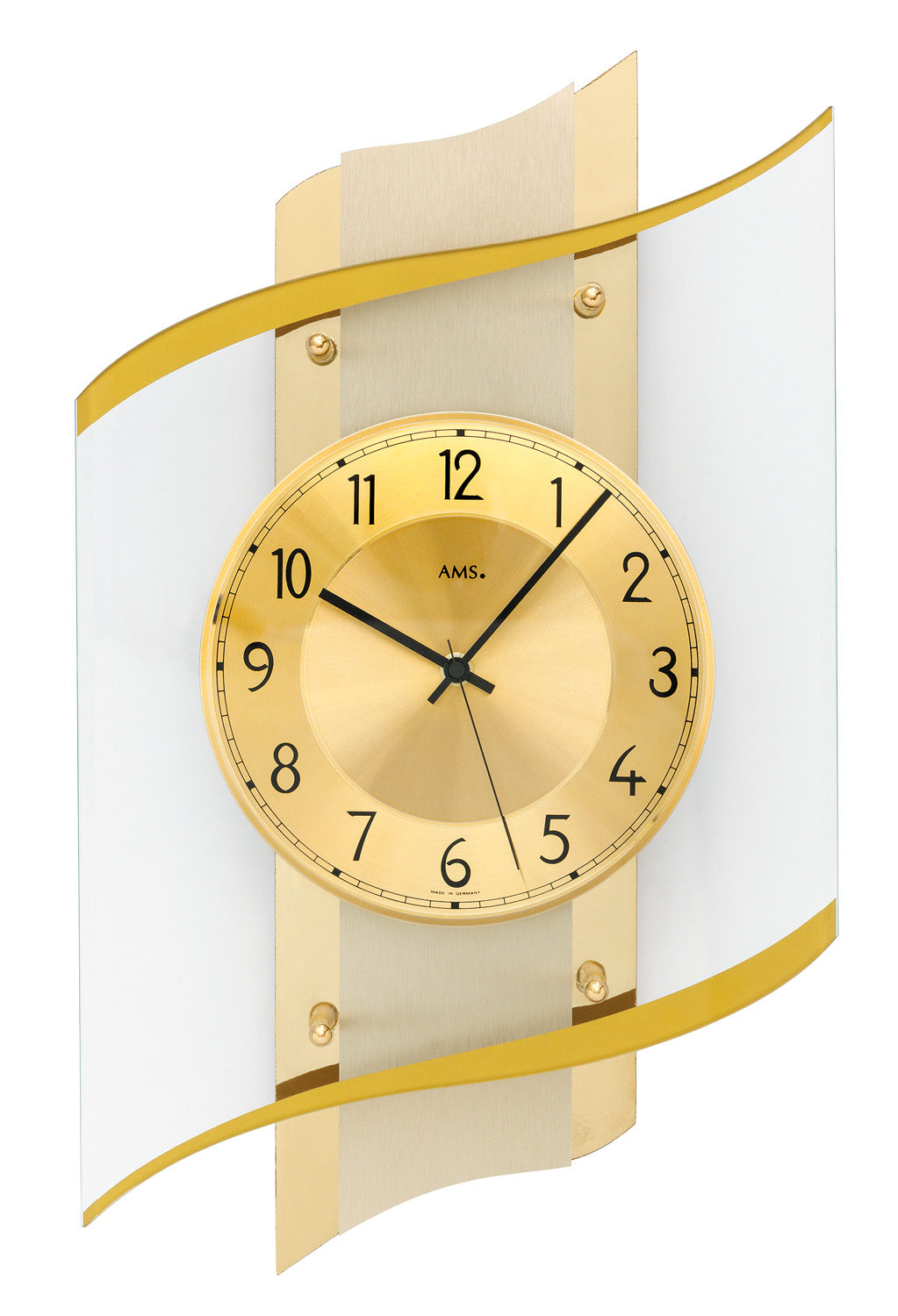 AMS F5515Q Wanduhr Messing • Facettiertes Mineralglas • Holzgehäuse mit Messing-Veredelung