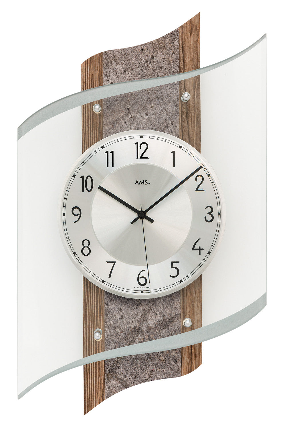 AMS F5518Q Wanduhr Nussbaum • Facettiertes Mineralglas • Nussbaumdekor mit Naturstein-Veredelung