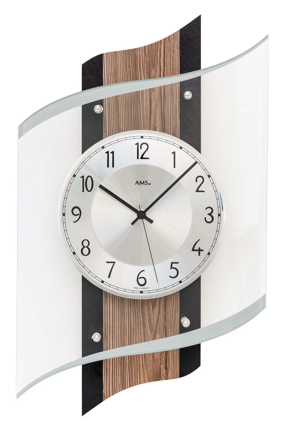 AMS F5519Q Wanduhr Holz • Facettiertes Mineralglas • Aluminium-Zifferblatt