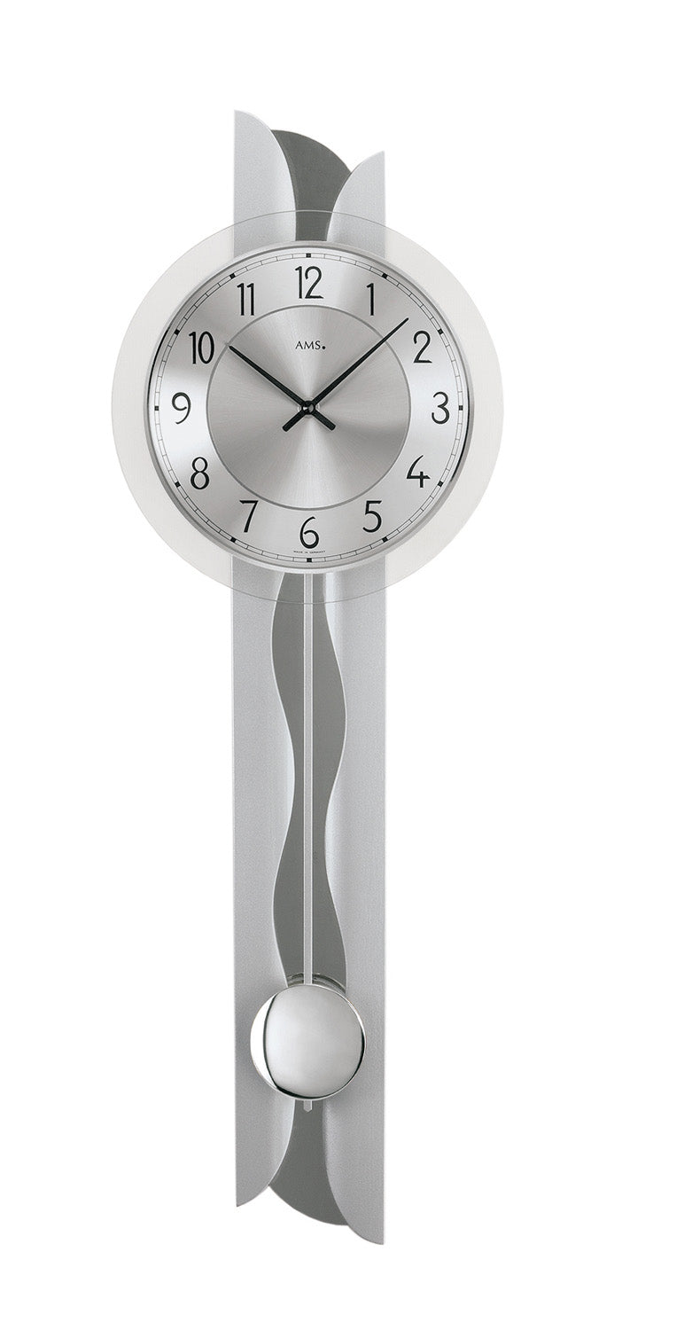 AMS Pendeluhr W7216 Wanduhr Silber • Quarz-Pendelwerk • Mineralglas