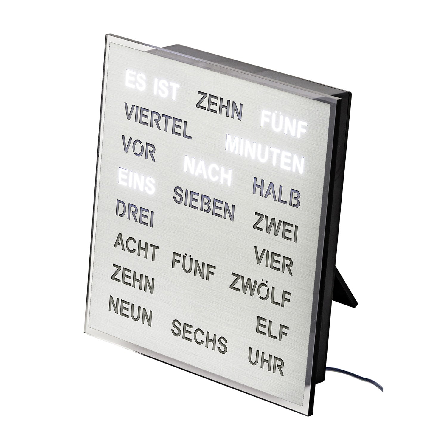 AMS T1242 Tisch- und Wanduhr Aluminium • LED Wortuhr • Netzbetrieb mit 220V Adapter