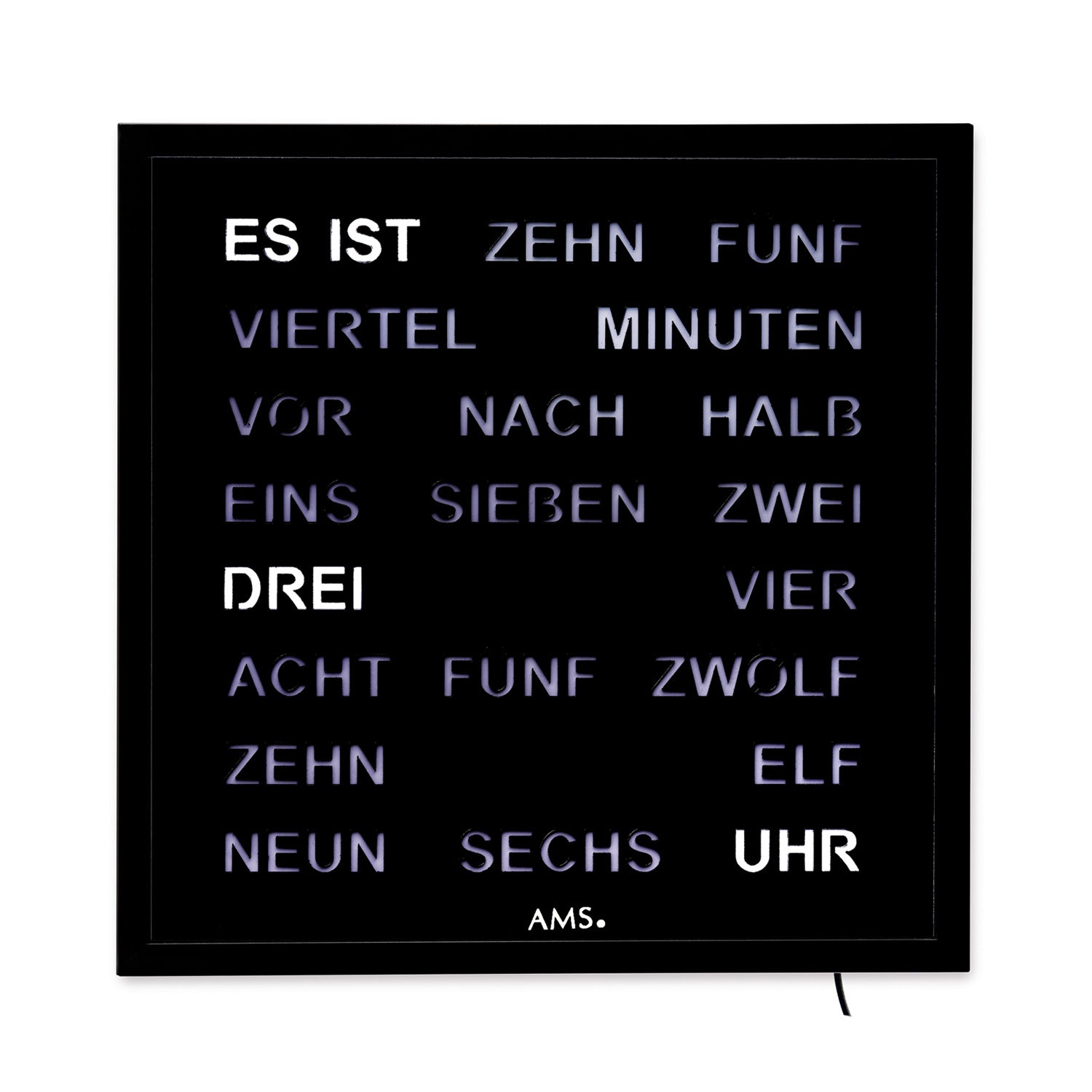AMS T1265 Wanduhr Schwarz • Wortuhr mit LED-Anzeige • Netzbetrieb 220V