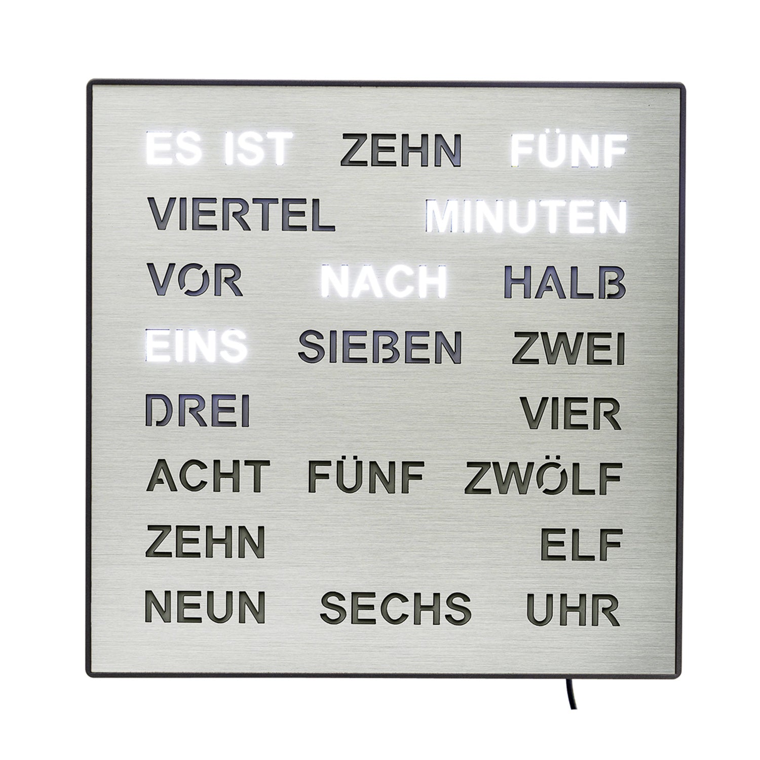 AMS T1245 Wanduhr Aluminium • Wortuhr mit LED-Anzeige • Netz- und Wandbetrieb
