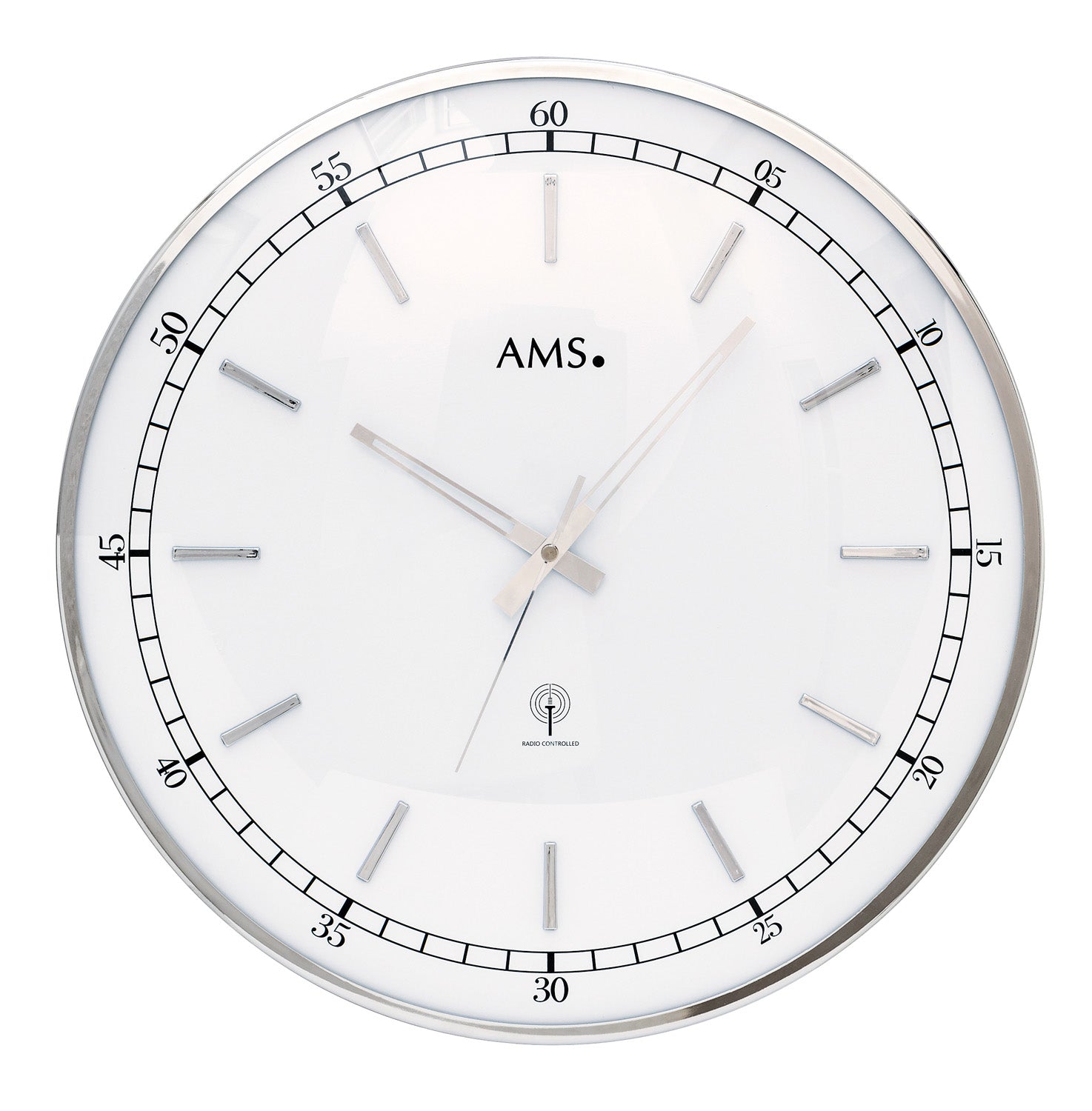 AMS F5608 Wanduhr Silber • Funkwerk • Gewölbtes Mineralglas