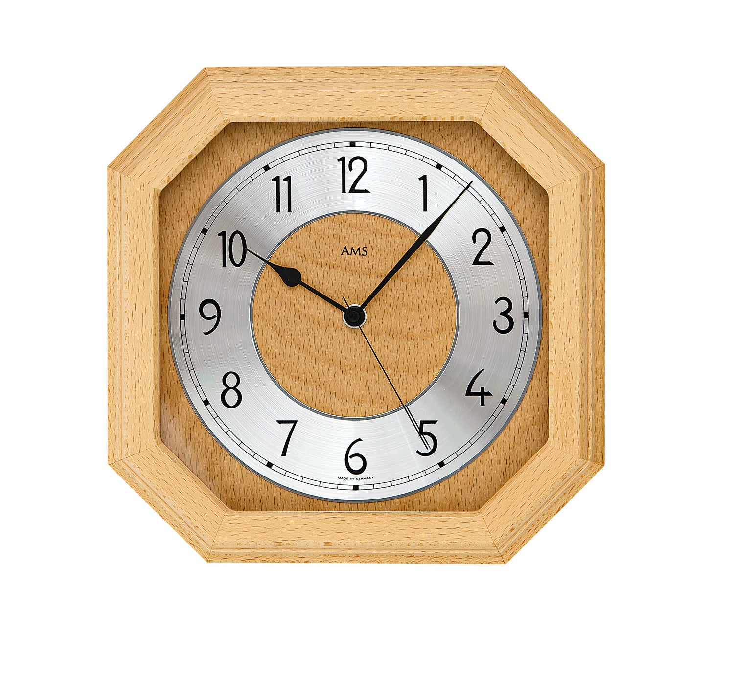 AMS Funk-Wanduhr F5864/18 Wanduhr Buche • Massivholzgehäuse • Aluminium-Zahlenring