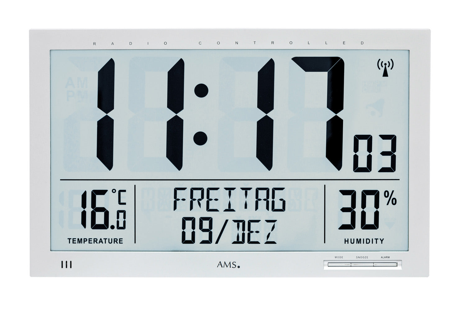 AMS F5888 Wanduhr Silber • Funk-Uhrwerk mit Digitalanzeige • Temperatur und Luftfeuchtigkeit