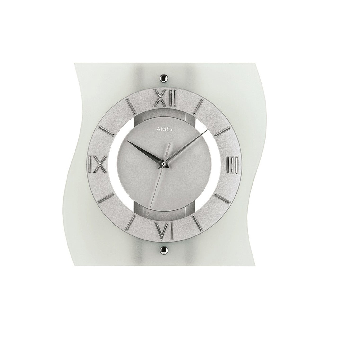 AMS F5909Q Wanduhr Silber • Satiniertes Mineralglas • Aufgelegte Zahlen