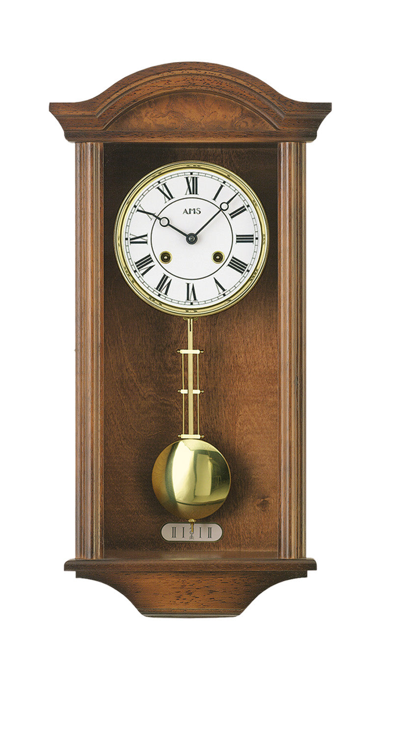 AMS Regulator R614/1 Wanduhr Nussbaum • 14-Tage-Rundgong-Schlagwerk • Massivholztür Nussbaumlackiert