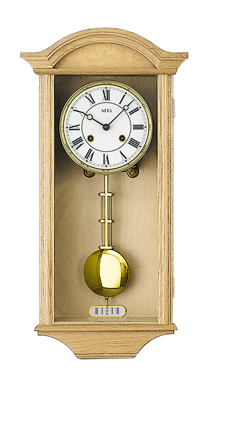 AMS Regulator R614/5 Wanduhr Eiche • 14-Tage-Rundgong-Schlagwerk • Massivholztür Eiche natur