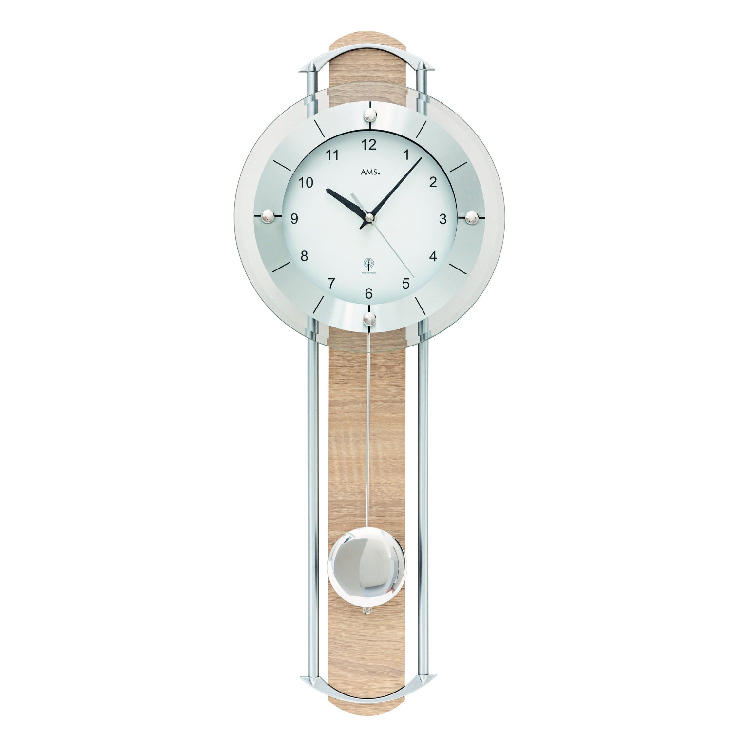 AMS F5305 Wanduhr Sonoma-Holzeinlage • Funk-Pendelwerk • Facettiertes Mineralglas