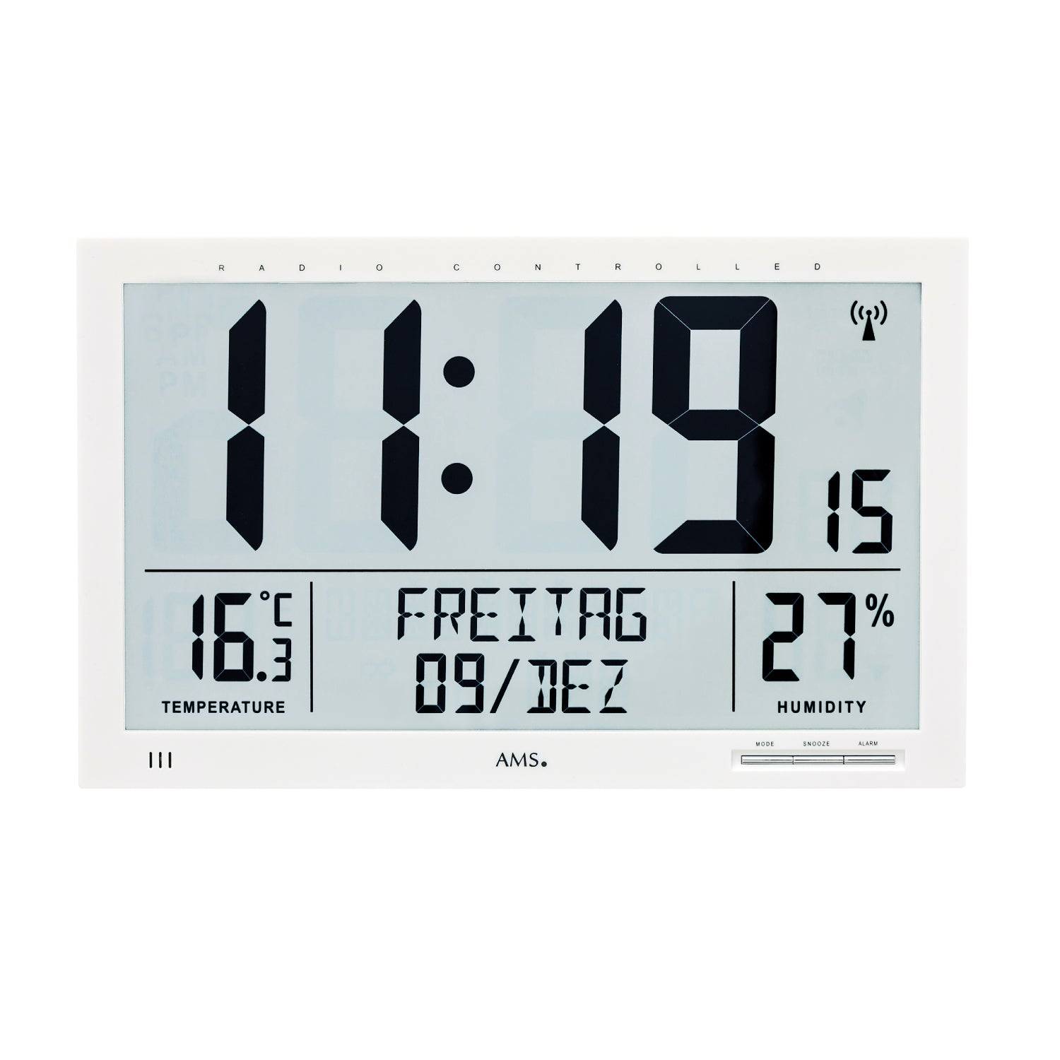 AMS F5887 Wanduhr Weiß • Digitalanzeige mit Funk • Temperatur- und Feuchtigkeitsanzeige