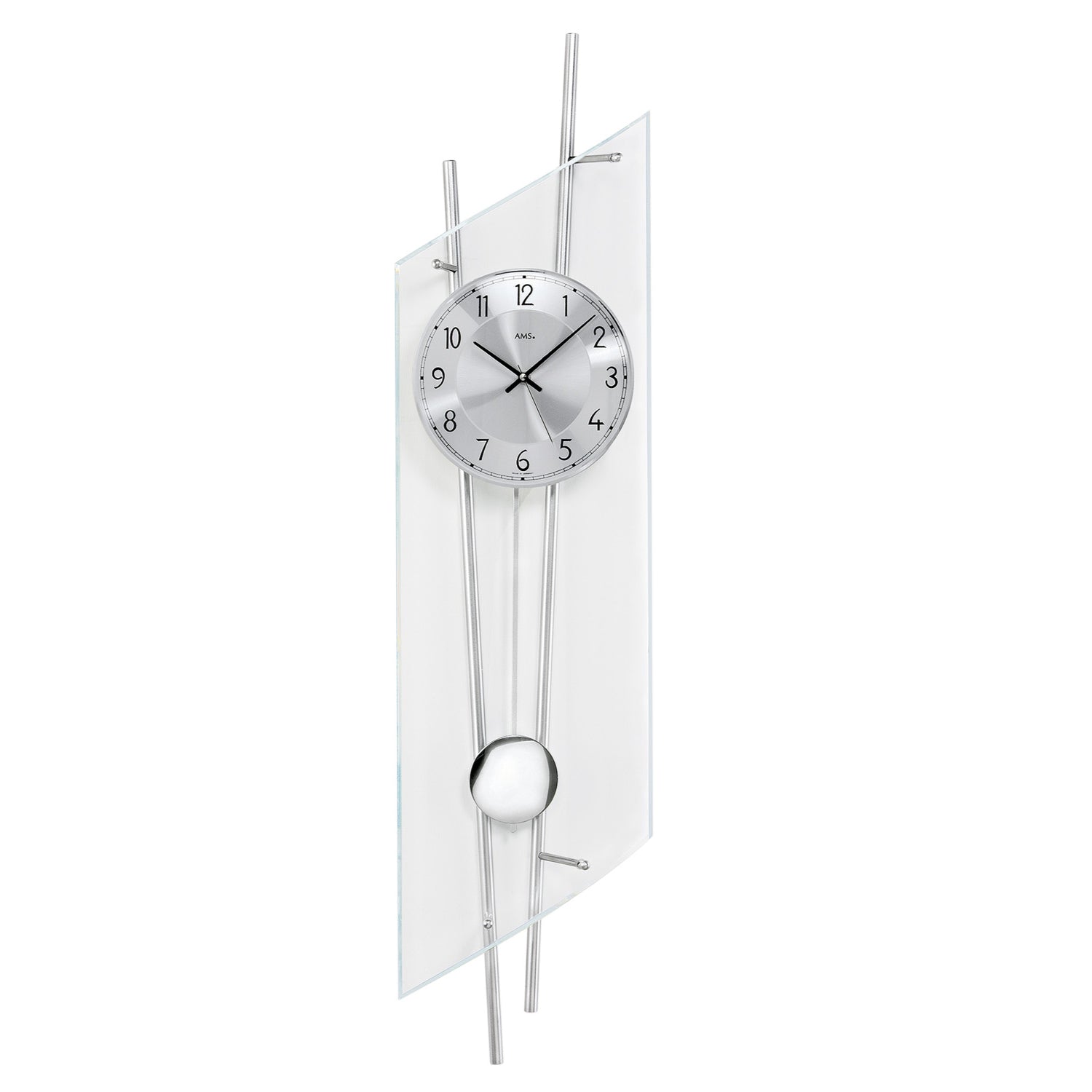AMS W7200 Wanduhr Silber • Quarz-Pendelwerk • Facettgeschliffenes Mineralglas