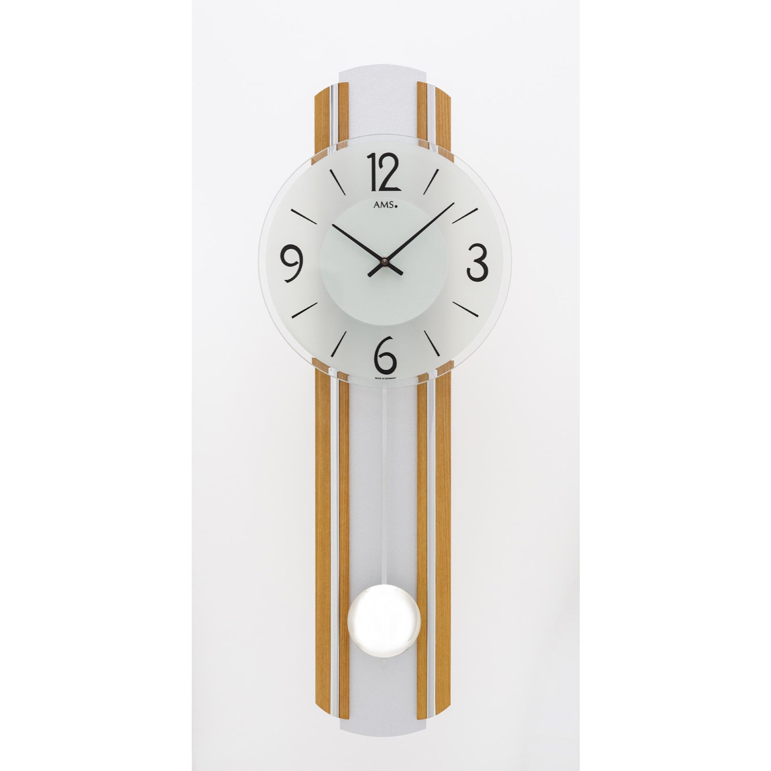 AMS W7232 Wanduhr Eiche/Silber • Quarz-Pendelwerk • Massivholz Eiche lackiert
