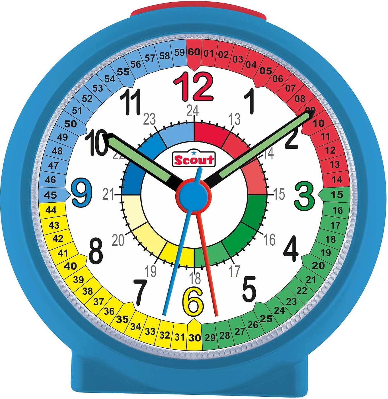 Reloj infantil educativo con esfera redonda, borde azul e manecillas de colores
