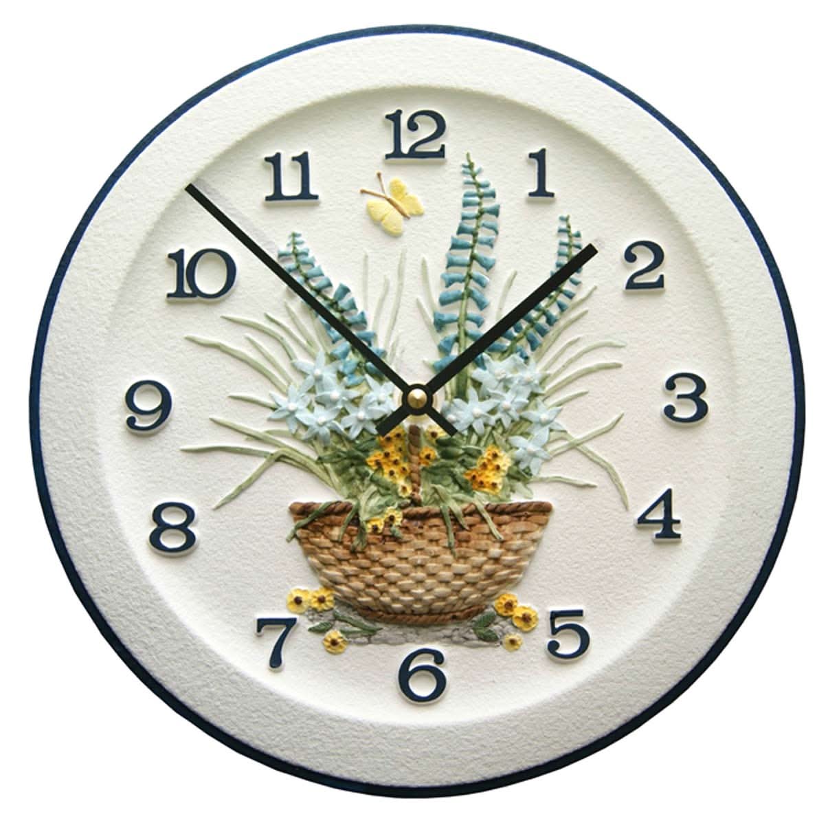 Reloj de pared de cerámica, motivo floral y vegetal pintado a mano con números azules, Ø 29 cm