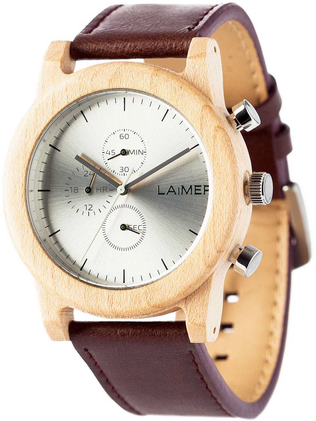 Pulsera de madera de arce para hombre, con correa de cuero marrón y esfera analógica